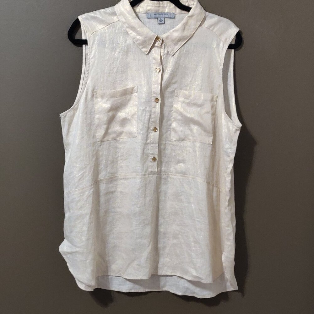 Andrew Marc Sleeveless Button-Front Linen Blend Blouse in Off-White